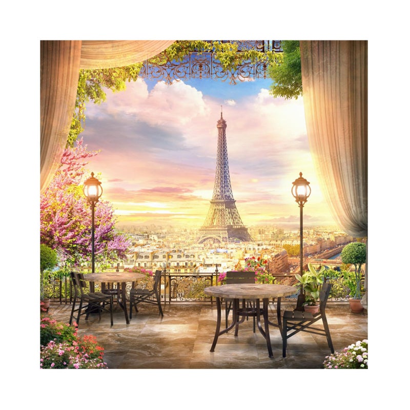 Baocicco 8x8ft Paris Panorama Effel Tower Garden Backdrop Vinyl Photography Background High Platform Sunset Glow Landscape Flower Bouquet Old Lantern - Image 1